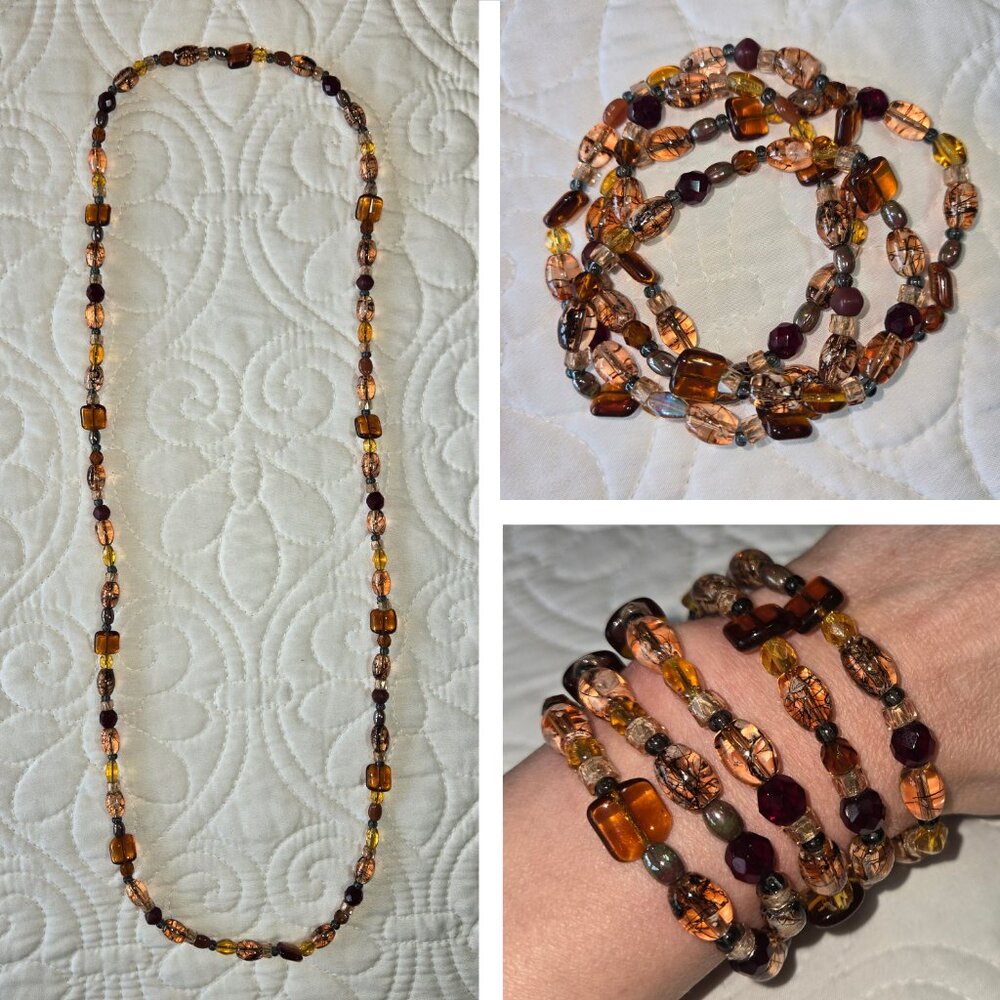 Handmade Beaded Necklace or Wrap Bracelet Brown, Red, Orange Bohemian - Picture 1 of 7